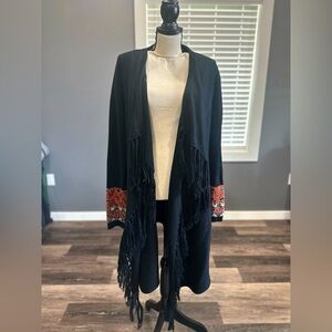 Miss Me Long Cardigan Medium Aztec Aspen Lodge Tribal Open Front Fringe Western